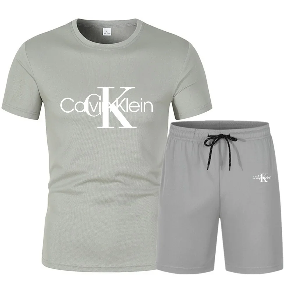 Men\'s new summer short sleeved set, round neck T-shirt+drawstring shorts two-piece set, letter print, fashionable casual sports
