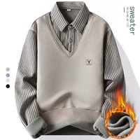 Male Fleece Polo Shirt Men's Pullover Autumn Winter T-shirt Collar Sweaters Cold Blouse Navy Blue Khaki Korean Clothing 1