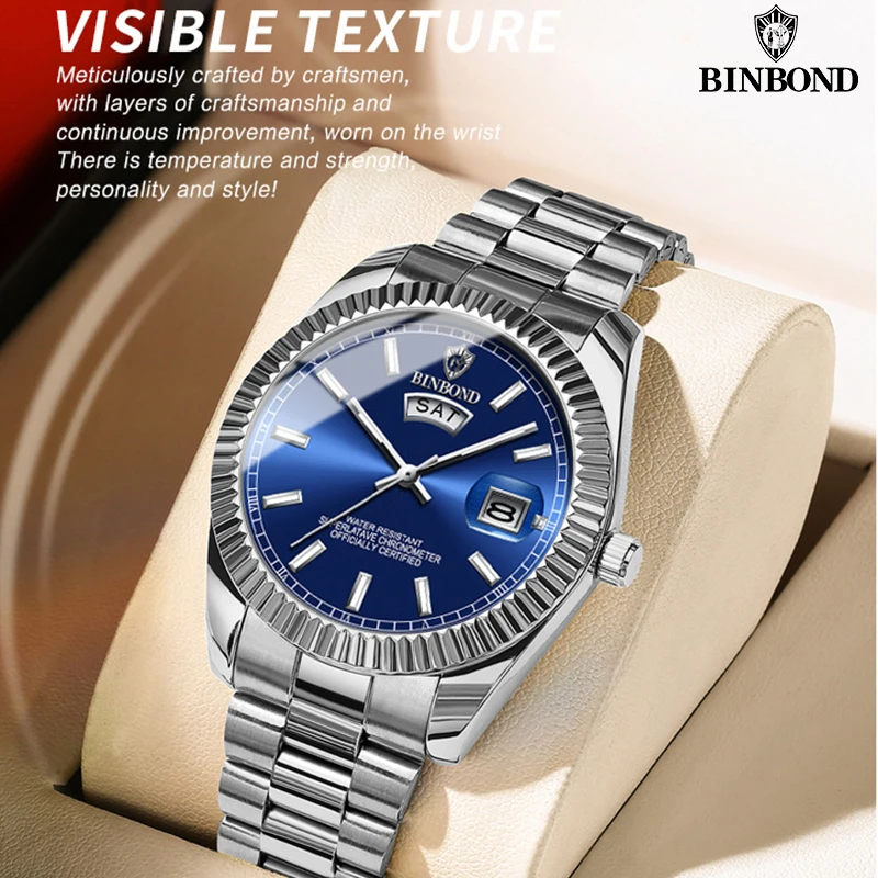 

BINBOND B7012 Mens Fashion Business Sports Quartz Watch 30M Waterproof Luminous Classic Calendar Creative Clock Mens Wristwatch