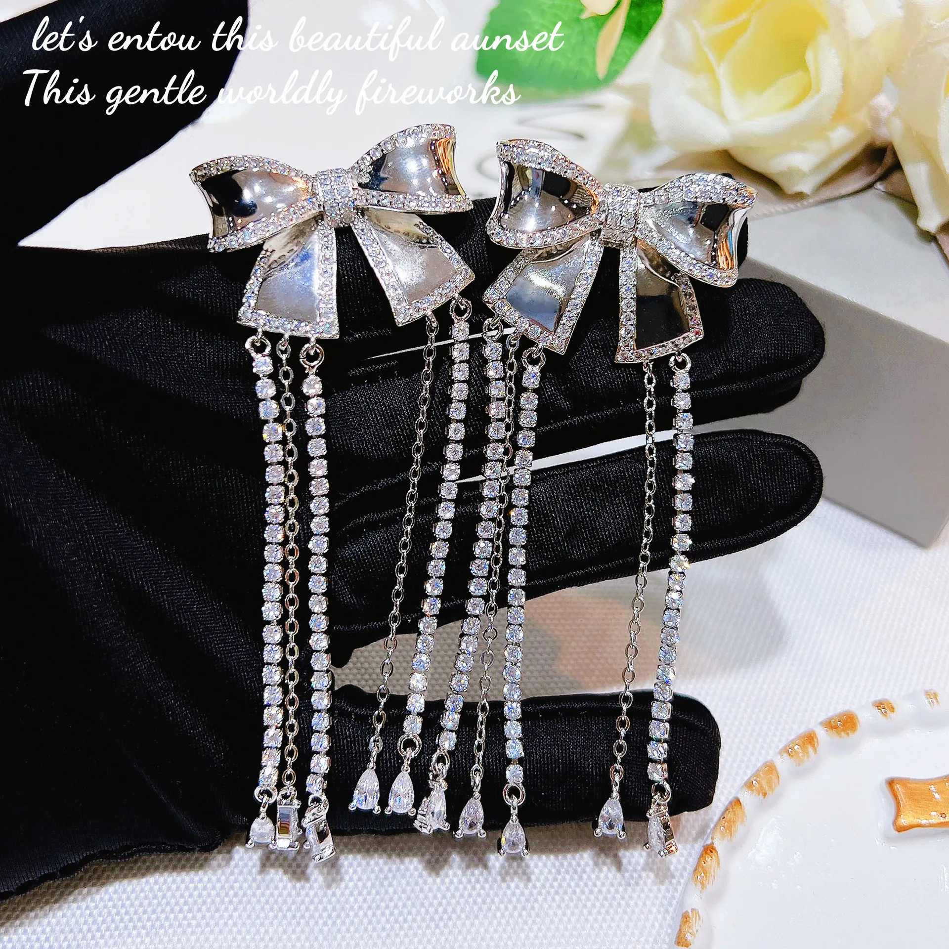 

Korean Trendy Bowknot Sparkling Cubic Zirconia Drop Earrings For Women 2023 Luxury Long Tassel Earrings High Jewelry Gifts
