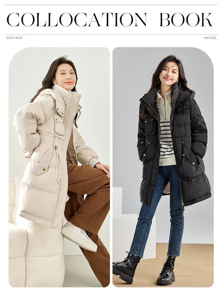 Vimly Black Hooded Zipper Duck Down Jackets 2023 Winter Stand Collar Windproof Thick Warm Long Sleeve Woman Coat Outerwear 50610