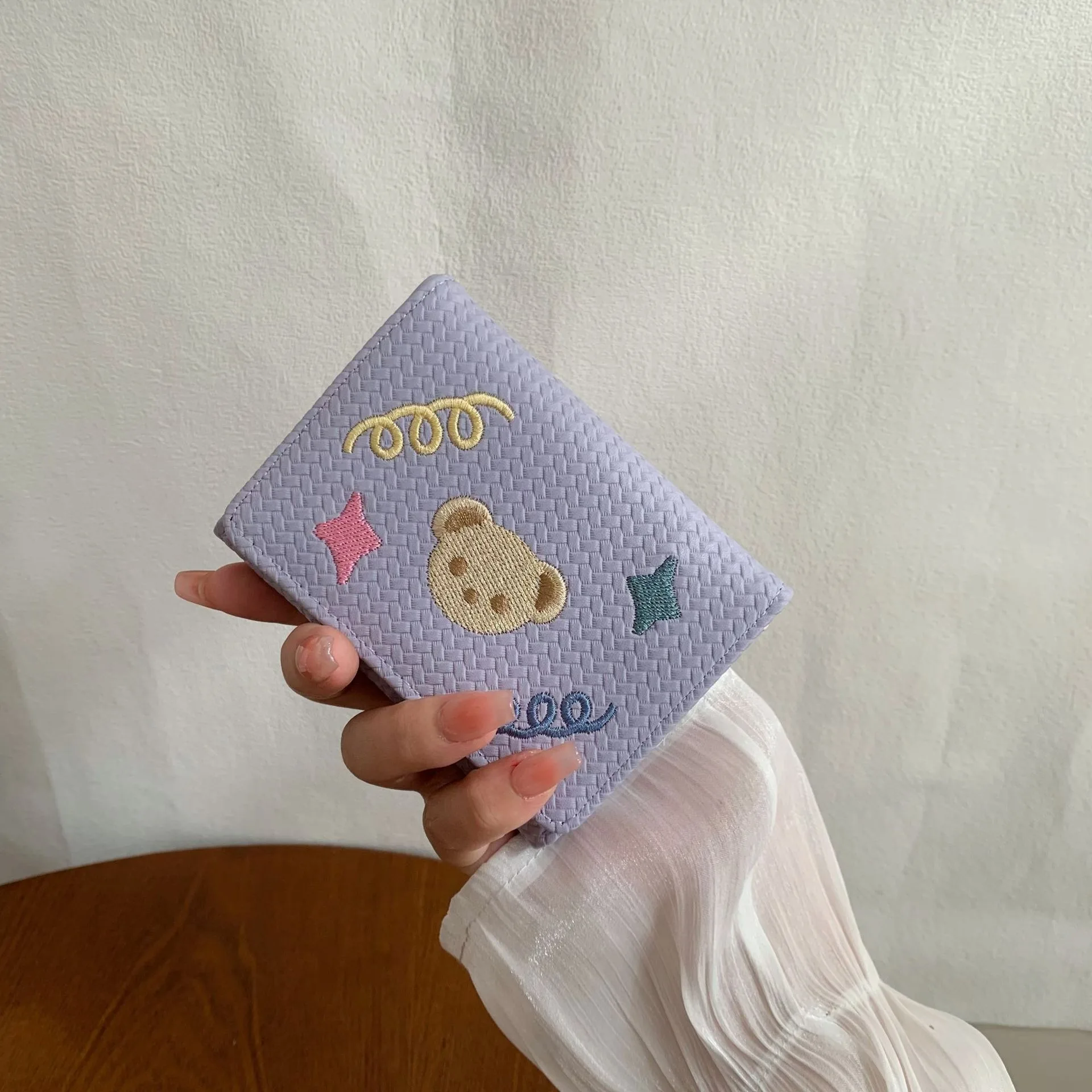 Portable Cartoon Women Short Wallet Bear Embroidery Three Fold Wallet Card Holder Multi-Card Slot Pu Leather Coin Purse  Student