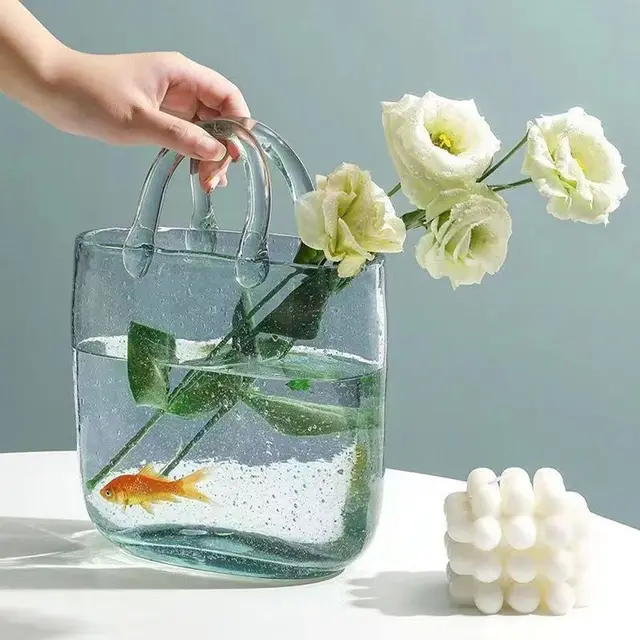  RXMORI Glass Purse Vase for Flowers, Handbag Shape Fish Bowl  with Leather Strap, Multifunction Clear Bag Vase for Floral Arrangement  Fish Culture : Home & Kitchen