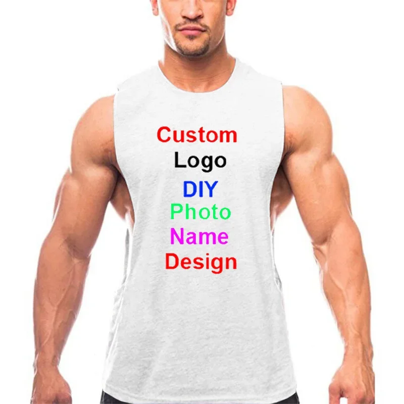Design Brand Logo Custom DIY Mens Cotton Tank Top Bodybuilding Open Side Sleeveless T Shirt Gym Fitness Training Clothing