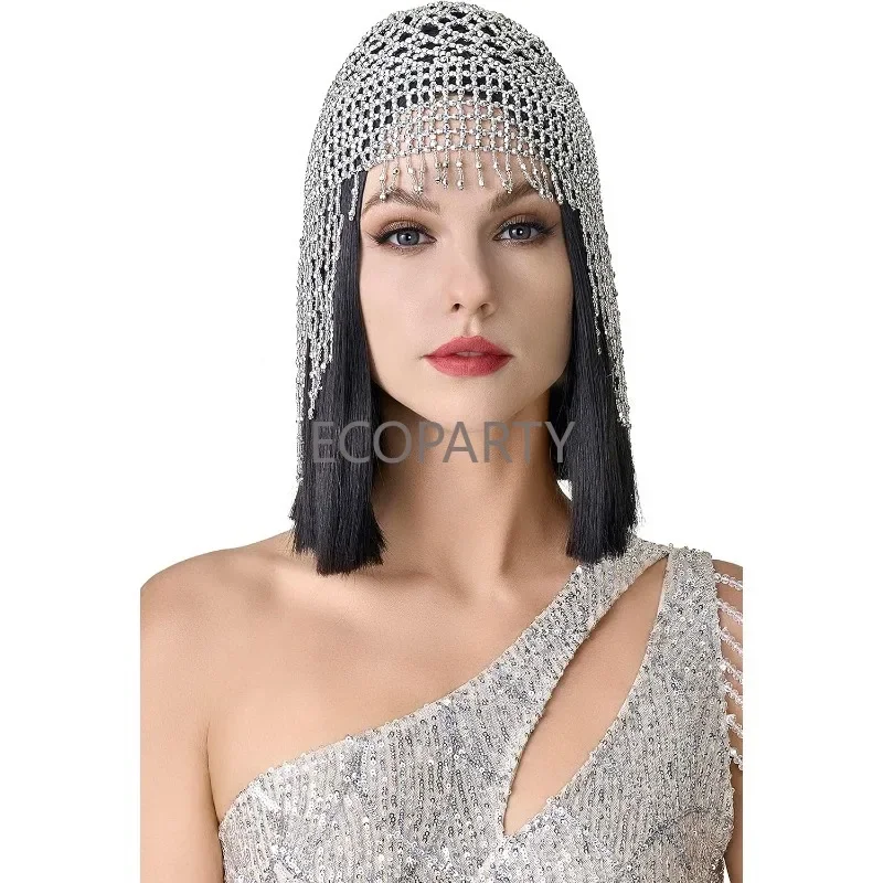Six Feathers Studio Cleopatra Belly Dance 1920s Cap Beaded Headpiece White OS Wedding Hair Jewelry Handmade Beaded Cap Headpiece Belly  main image 4