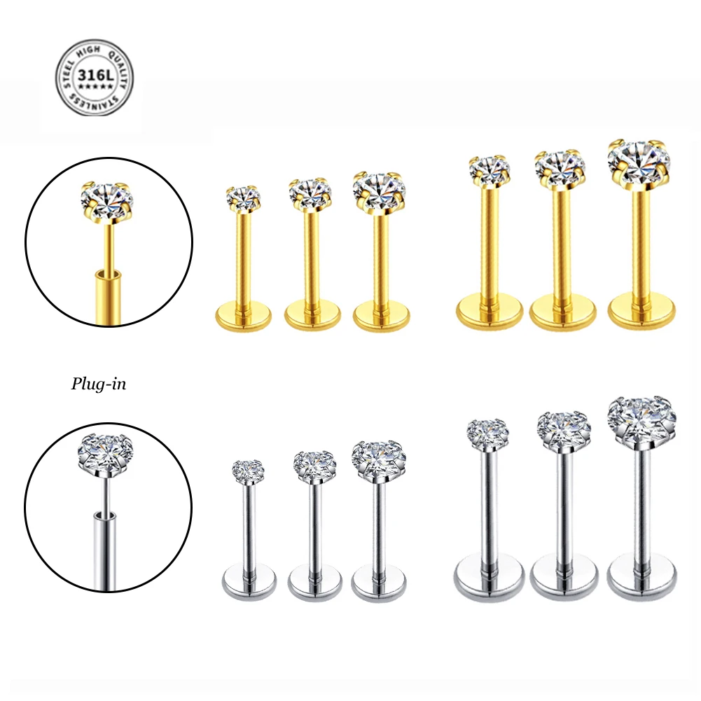 3Pcs/Lot 20G Push in Lip Ear Tragus Labret Piercing Set CZ Stainless