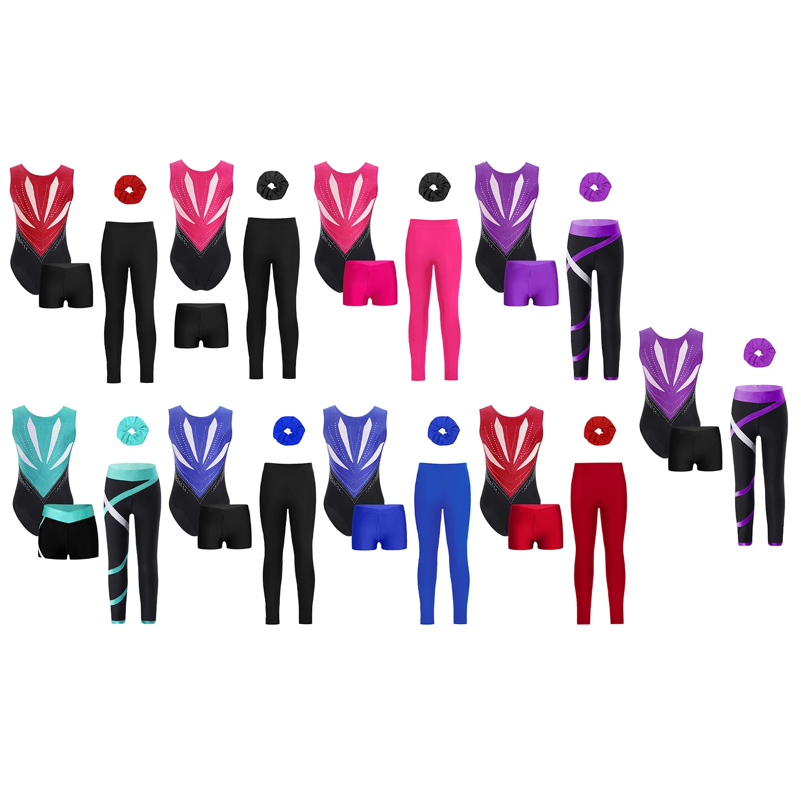 Kinder Mädchen Gymnastik Ballett Tanz Outfit Schleife Ausschnitt hinten glitzernde Strasssteine Trikot mit Shorts Leggings und Haarband – Detail 2