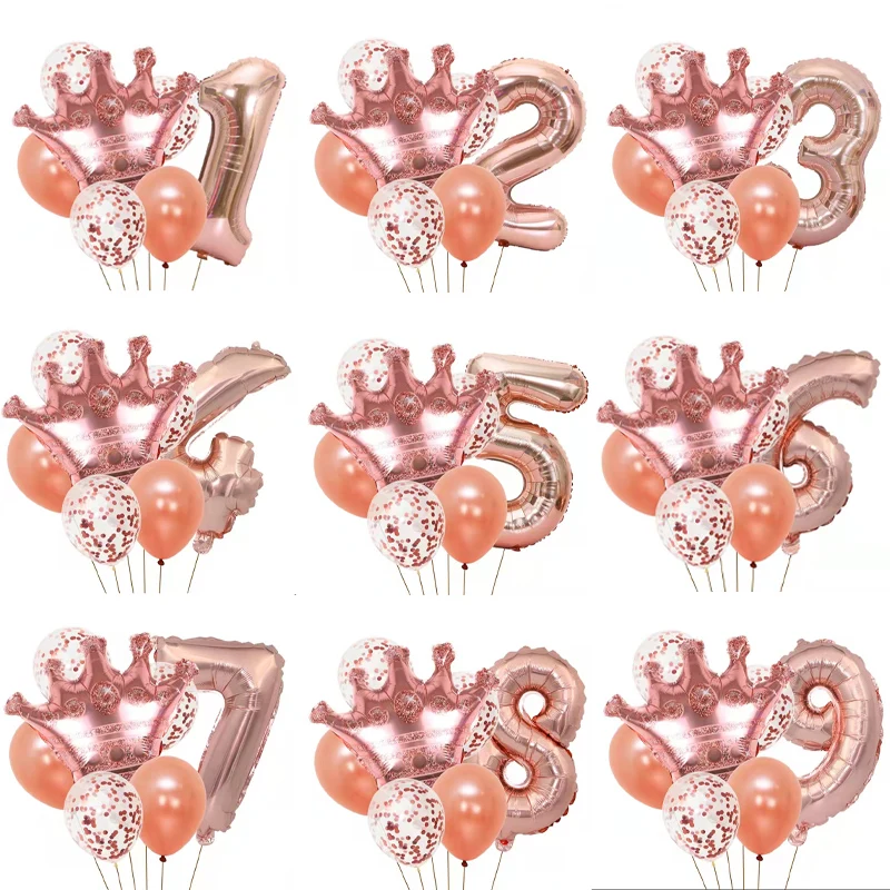 

7Pcs Rose Gold Princess Crown Foil Number Confetti Latex Balloons 1st 2st sweet 16 Happy Birthday Party Baby Shower Decorations