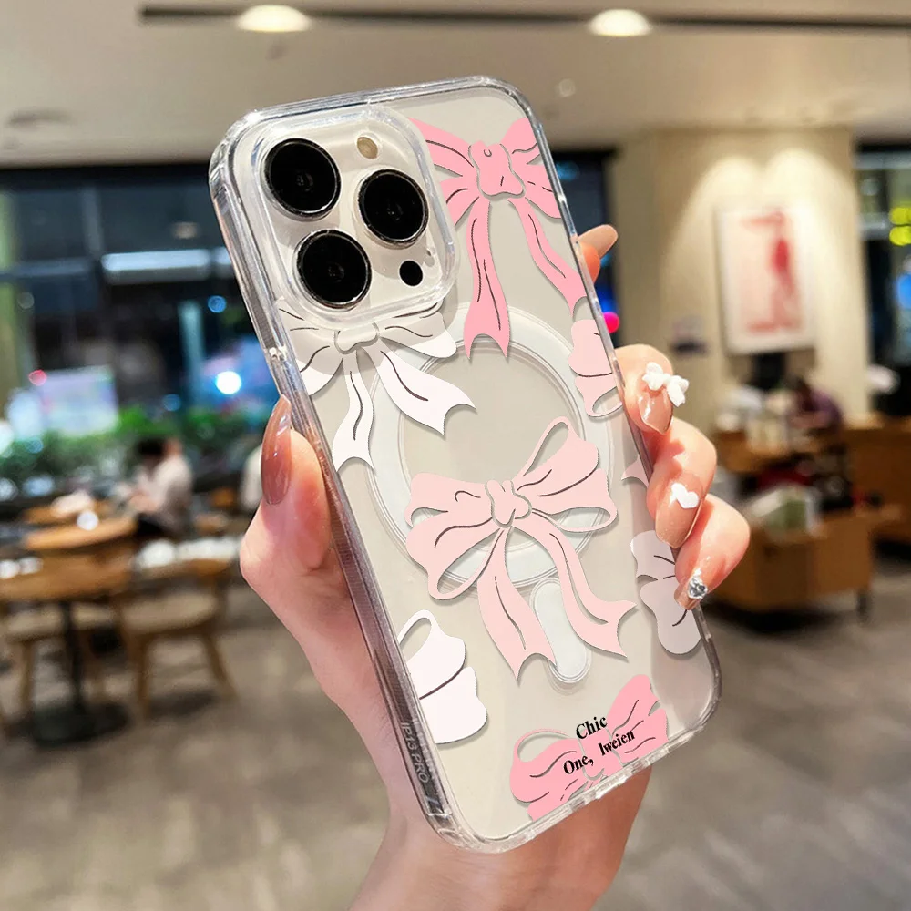 Elegant Pink Bow Transparent Phone Case - Shockproof & Protective Cover with Wireless Charging Compatibility