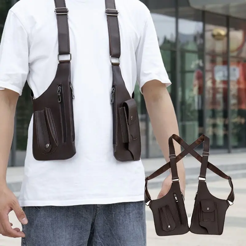 Outdoor Tactical Fishing Bag Multi-Pocket Anti-Theft Waterproof PU Multi-Purpose Men's Crossbody Double Shoulder Strap