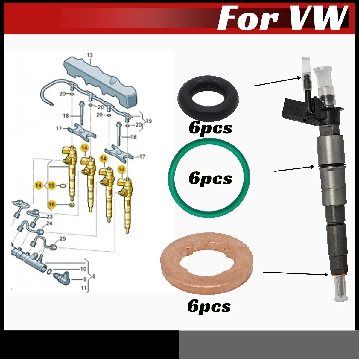Fuel Injector Nozzle Copper Gasket O-ring Seal Kit 6pc For VW AMAROK ARTEON GOLF PASSAT CADDY POLO VI
