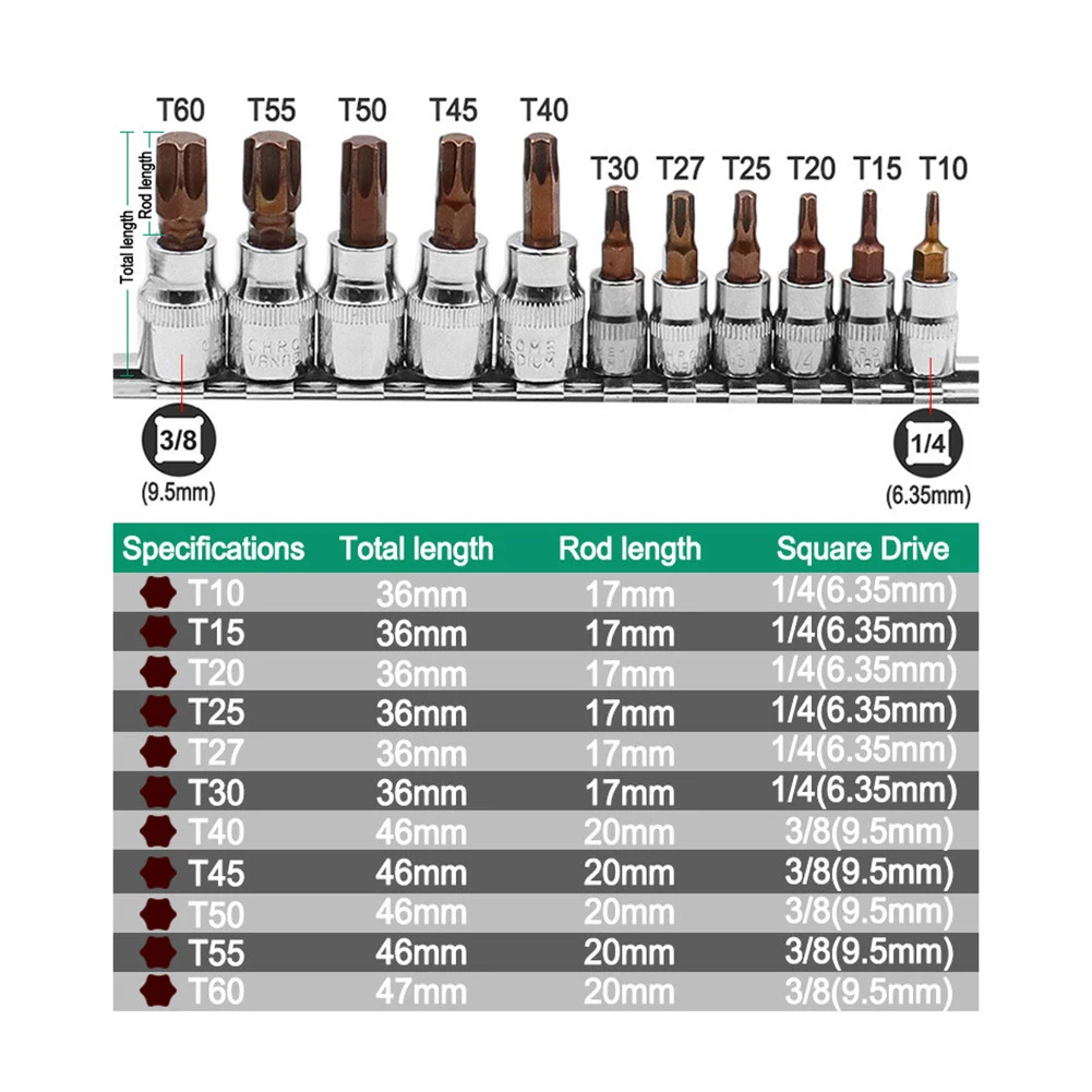 11Pcs Drive Socket Set Torx Screwdriver Bits 3/8 1/4inch Wrench Socket Adapter T10 T15 T20 T25 T27 T30 T40 T45 T50 T55 T60 4