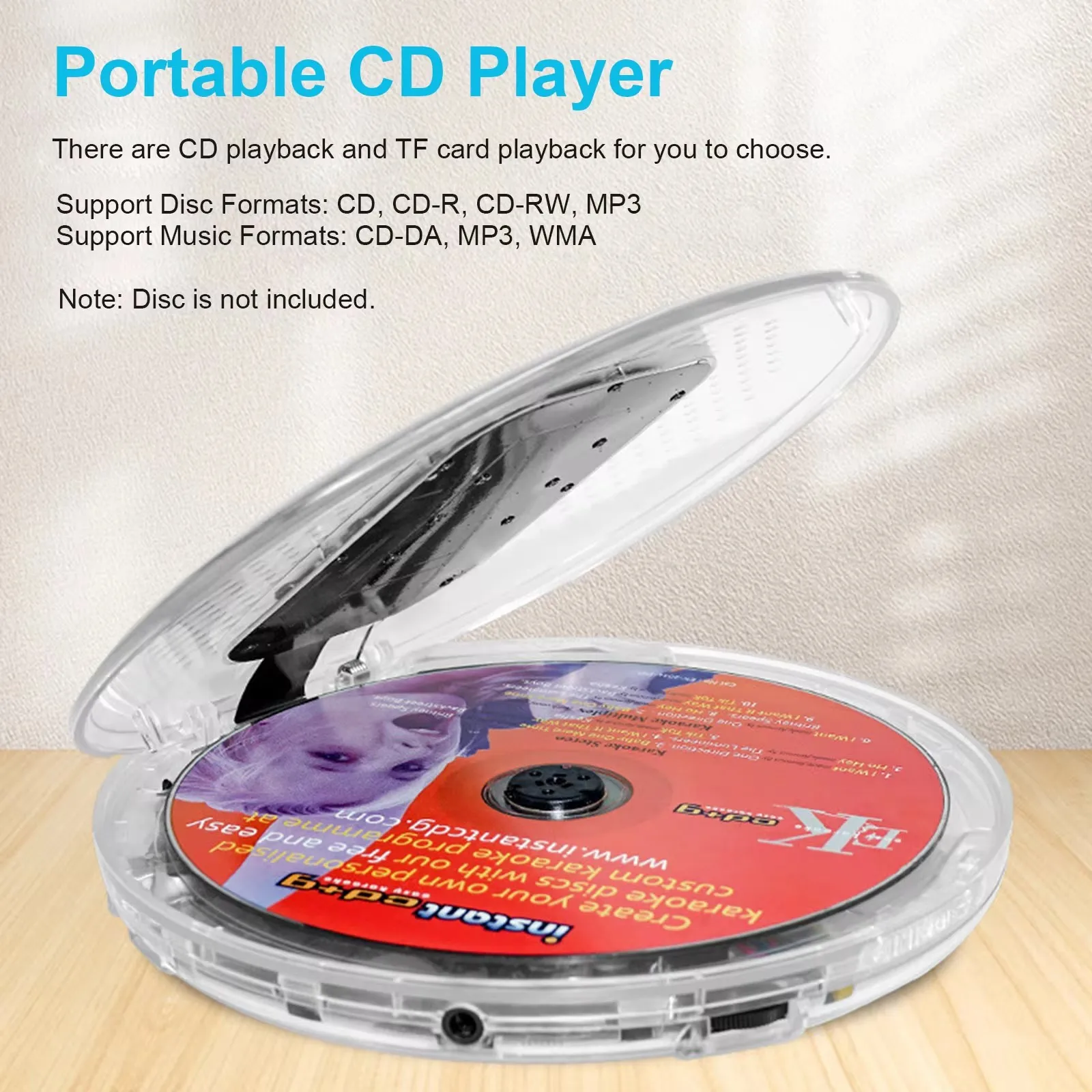 Music Player Portable CD Player with 3.5mm Wired Headphones Support TF Card