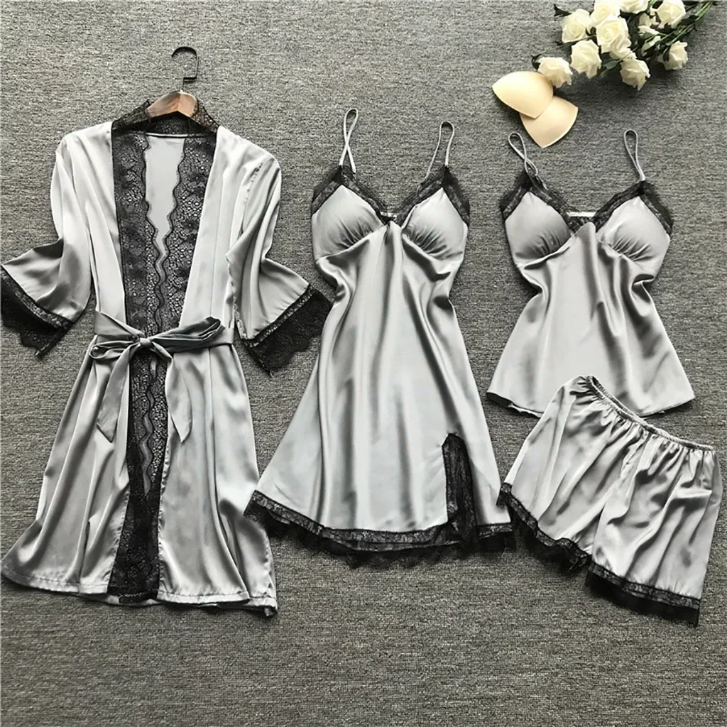 New Sleepwear Silk Women Nightdress Lace Dress Robe Pajamas Set Satin Underwear for Women Full Coverage Negligee Lingerie Sexy