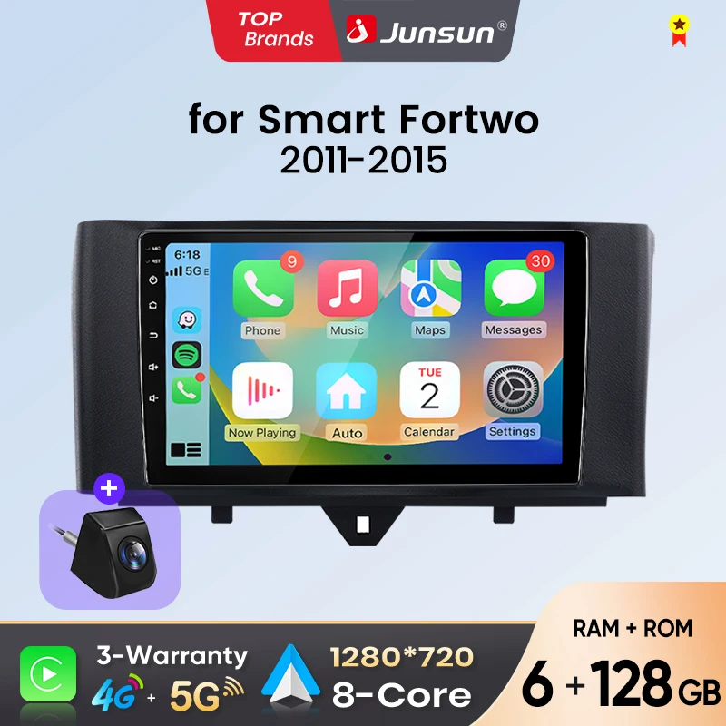 Junsun Android Auto Autoradio für Smart Fortwo 451 2011 2012 2013 2014 2015 Multimedia Wireless Apple CarPlay Intelligente Systeme IPS Touchscreen Stereo Videoplayer 2 Din Autoradio Head Unit Navigation BT GPS 4G WIFI FM AM DSP RDS SWC