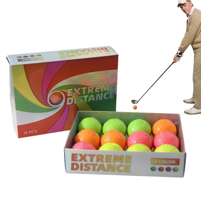

Двухслойный мяч для гольфа, 12 шт., разноцветные мячи для тренировок на большие расстояния, высококачественный дизайн, тренировочный инструмент для гольфа