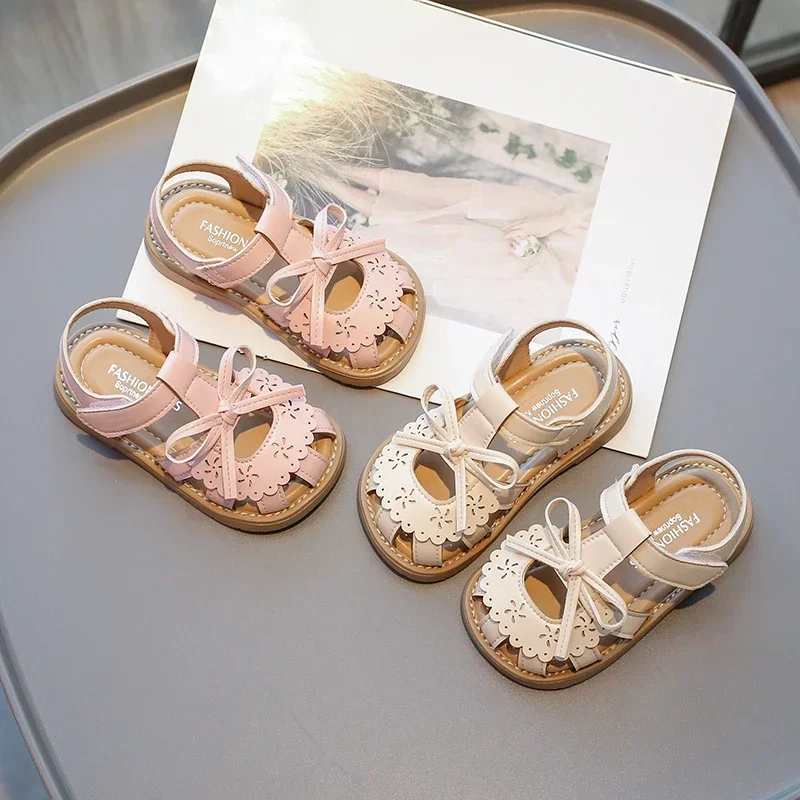 Girls Baby Sandals Summer Bow Beige Soft Girls Walking Shoes 2-12 Years Old Pink Fashion Non-slip Children Sandals Baby Shoes 2