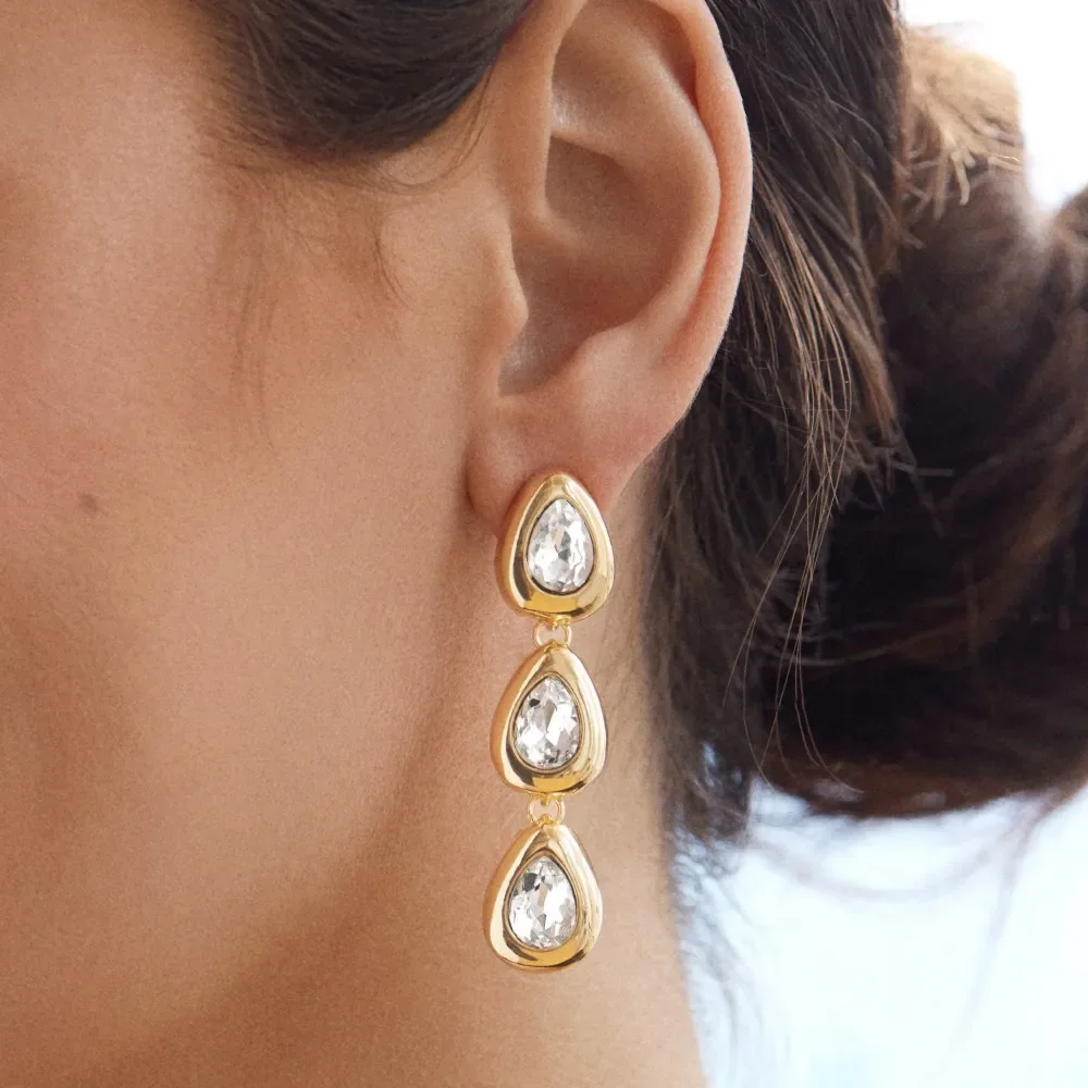 Stainless Steel Waterdrop Shape Crystal Dangle Earrings for Women Glossy Metal PVD Gold Plated Droplet Stud Trend Ear Jewelry