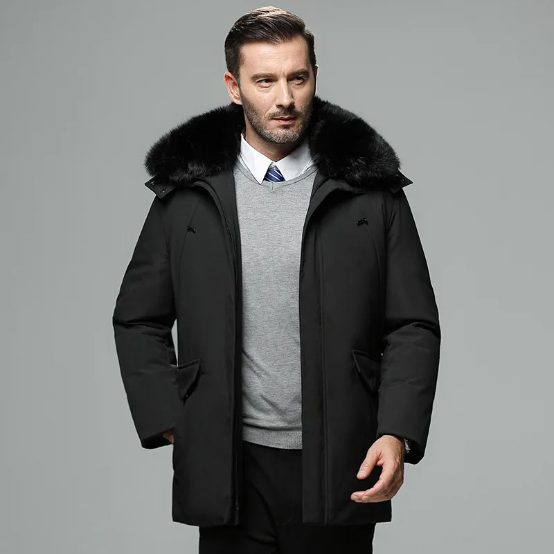 

Autumn Winter Long Men Windproof Down Jacket Coats Mens Warm White Duck Down Hooded Jacket Parkas Fox Fur Collar Overcoat Male