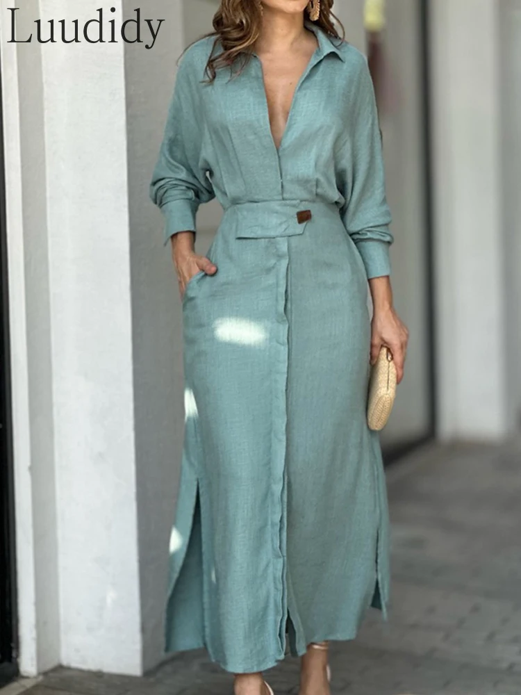

Women Long Sleeve Pocket Design Side Slit Shirt Dress