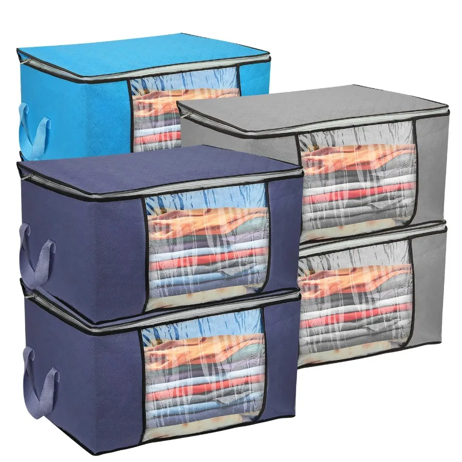 2 Pcs Clothes Storage Bag 90L Large Capacity Foldable Closet Organizer Thick Fabric Clear Window Dual-Zipper 5