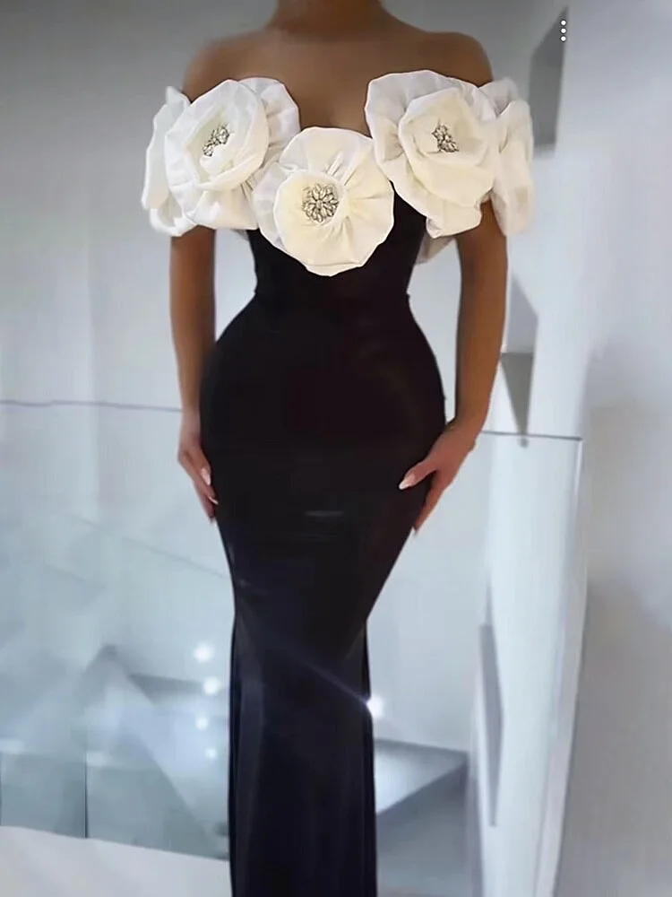 

Cross-Border Hot Three-Dimensional Large Flower off-the-Shoulder Sheath Dress Fashionable Elegant Party Bandage Dress