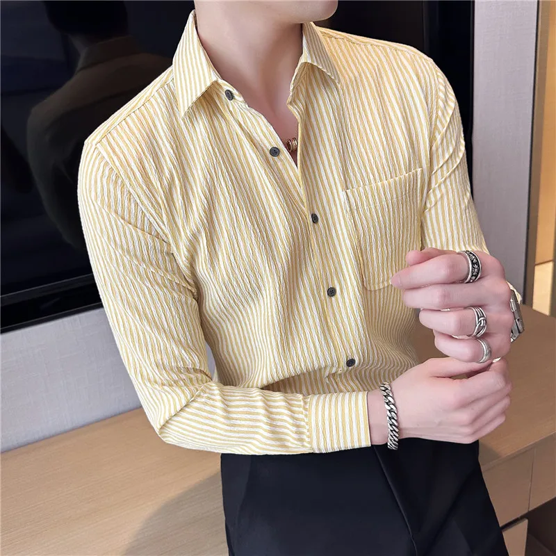 

Long sleeve striped men shirt thin seersucker fabric iron free casual sunscreen shirts for men coat yellow blue green camisas