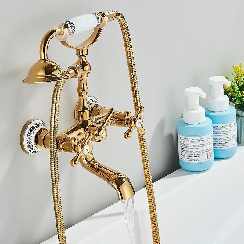 Luxury Golden Bathtub Faucet Hot Cold Water Mixer Tap With Sprayer Hand Shower Bathroom Wall Mounted Rotate Spout Crane 4