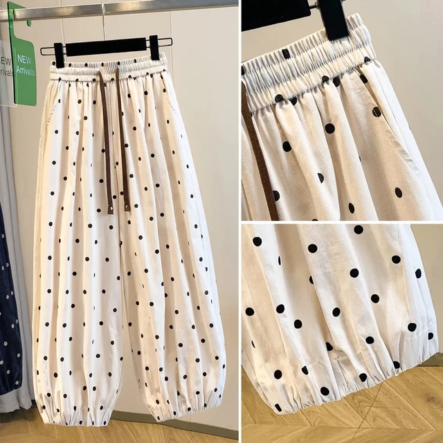 2026 summer cotton linen polka dot trousers Women's Loose Wide leg versatile nine point Harem Pants Korean version Lantern Pants 5