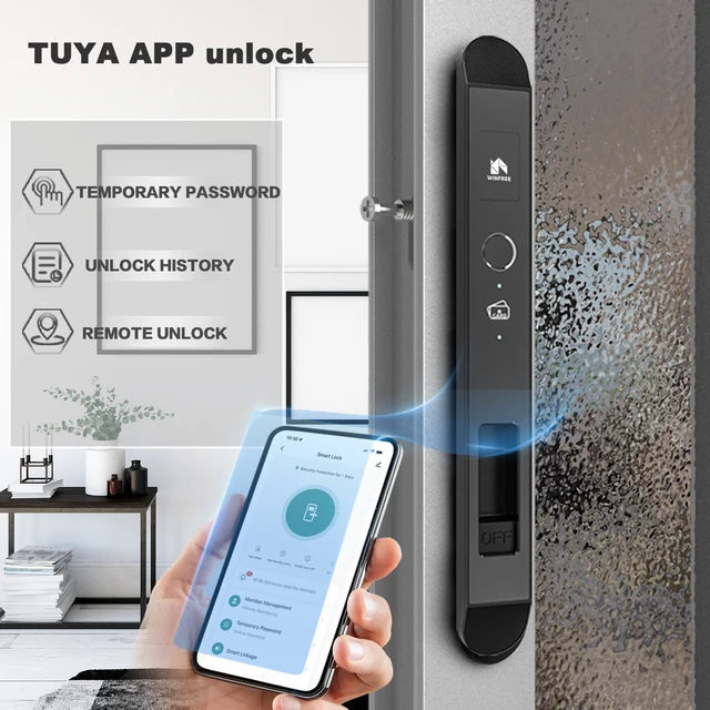 WINFREE SMART Fingerprint Card Key Aluminium Slim Narrow Profile Sliding Door Lock by Google Assistant or Alexa Voice Control 3