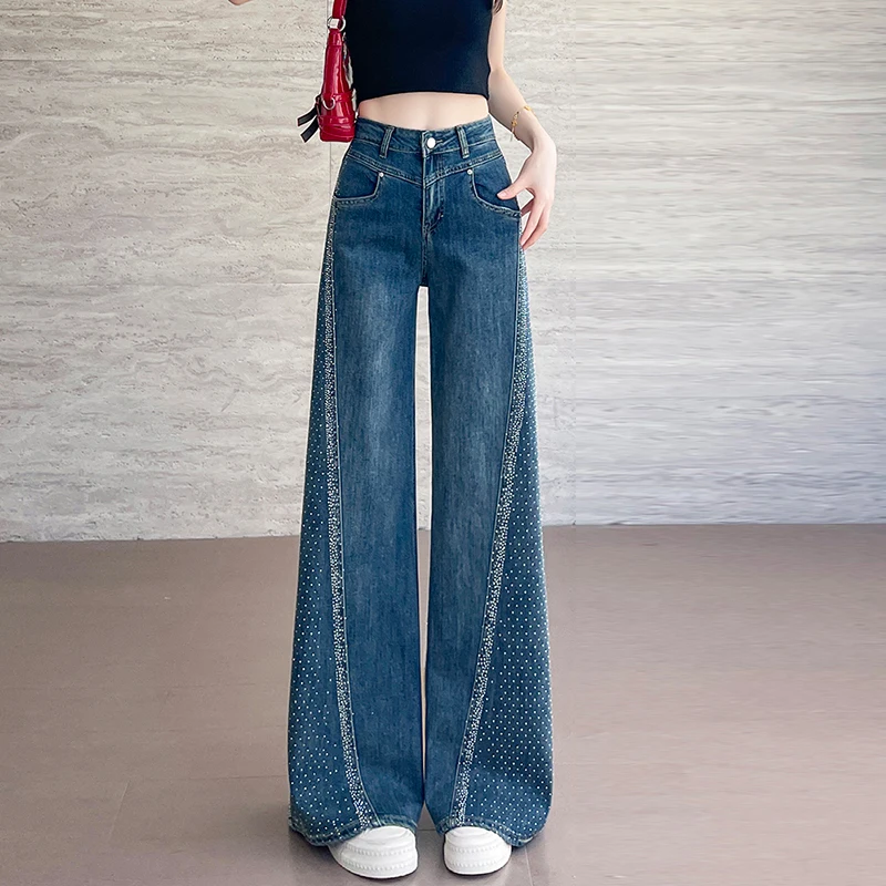 KSTUN 여성용 와이드 레그 청바지 벨 바닥 바지 여성 플레어 바지 streetwear 핫픽스 라인 석 디자이너 패치 워크 청바지 kpop