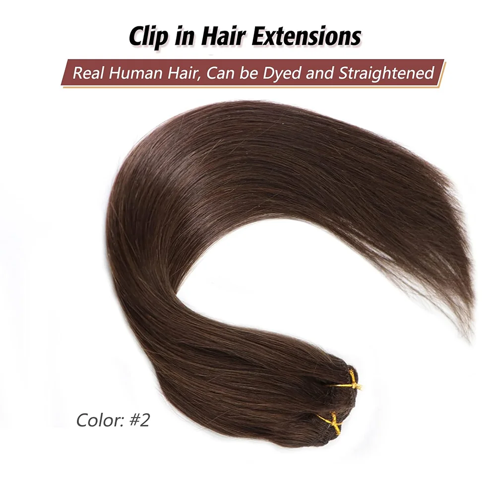 Clip In Hair Extension Straight Brown Color #2 Brazilian Clip In Hair Extension Human 16-26 Inches Full Head Seamless 120G
