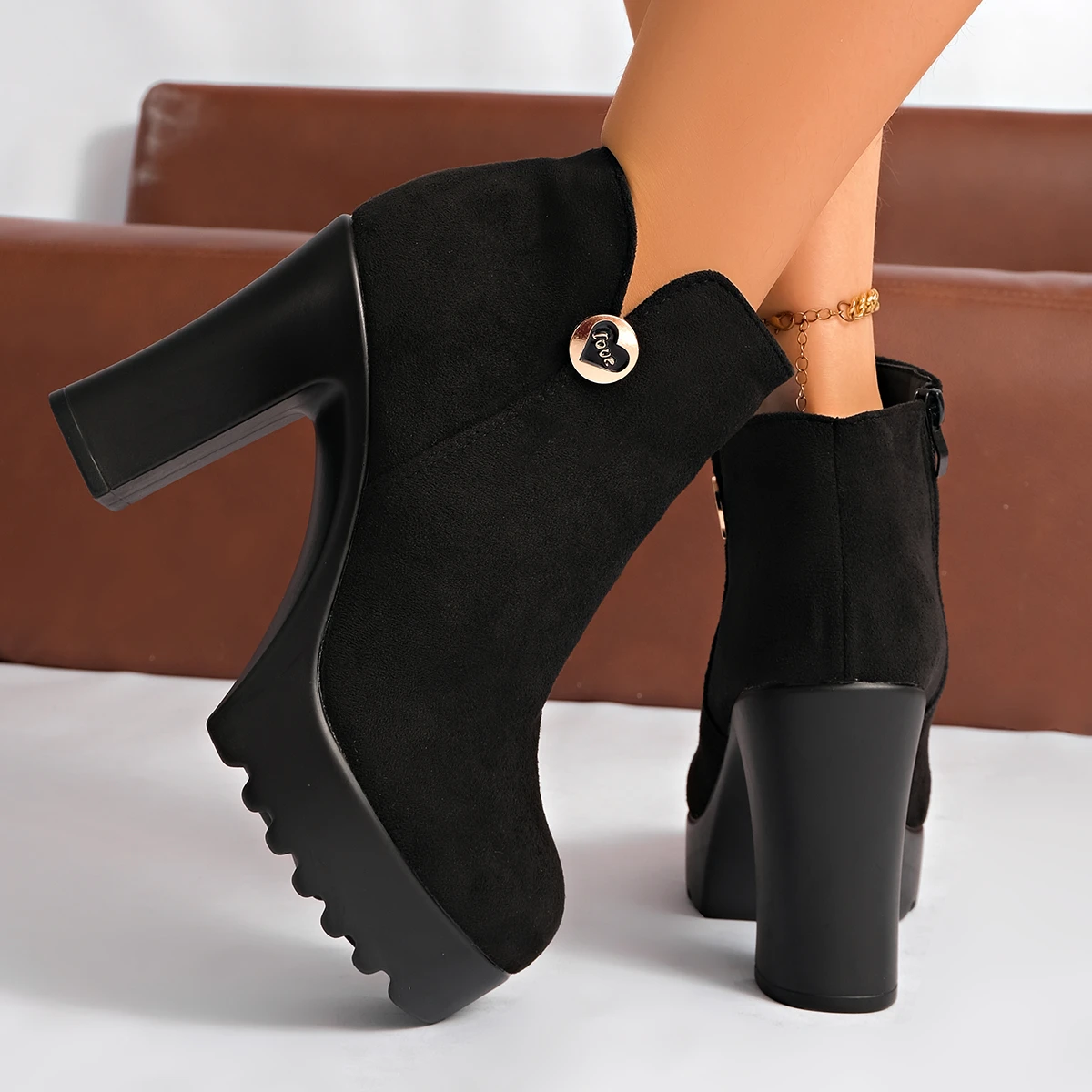 Fashionable New Round Toe Suede Comfortable High Heels Anti Slip Short Boots Sexy Elegant Winter Casual Riding Boots for Women
