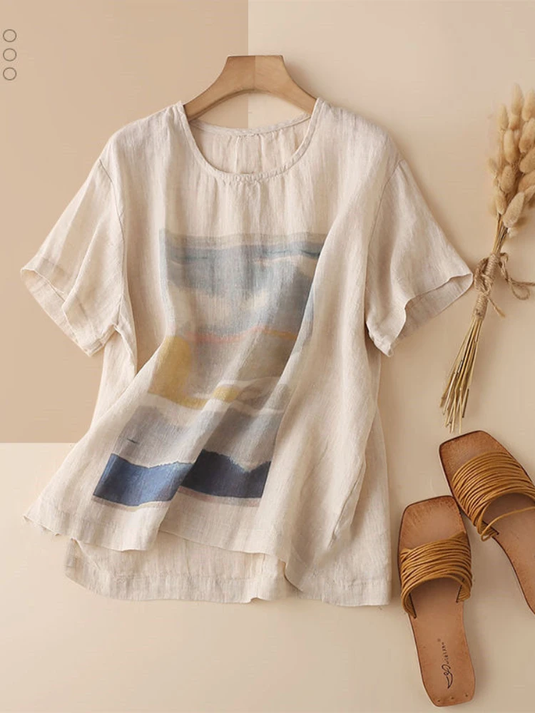 

Cotton Linen Women's T-shirt O-Neck Printed Graphic T Shirt for Women Casual Vintage Fashion LOOSE Womens Tops and Blouses