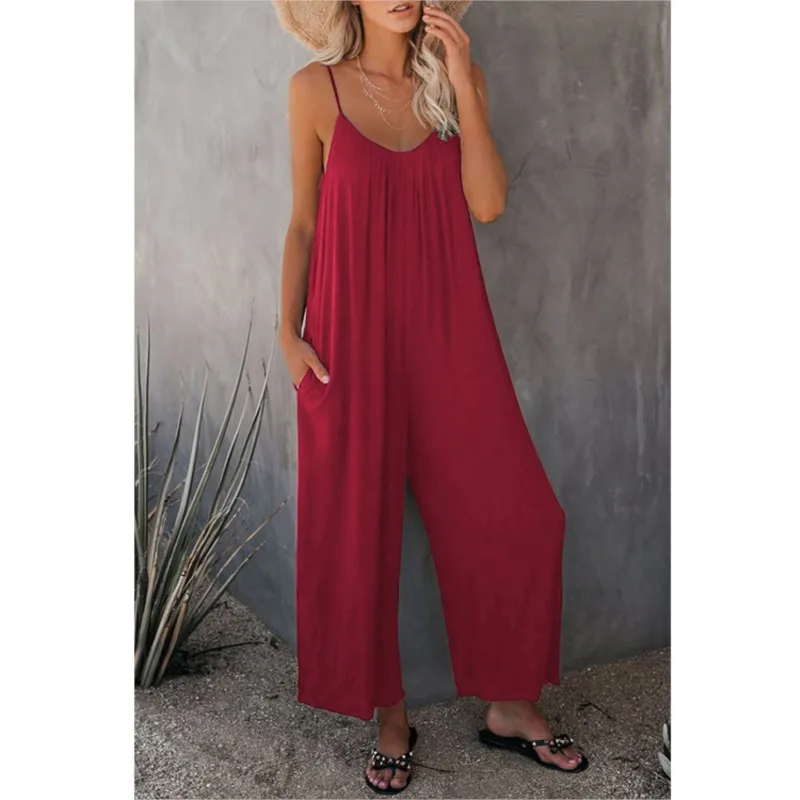 

Summer 2023 Womens Jumpsuit Pants Solid Color Pocket Insert Round Neck Suspender Jumpsuit Pants Fashion Casual Loose Fitting