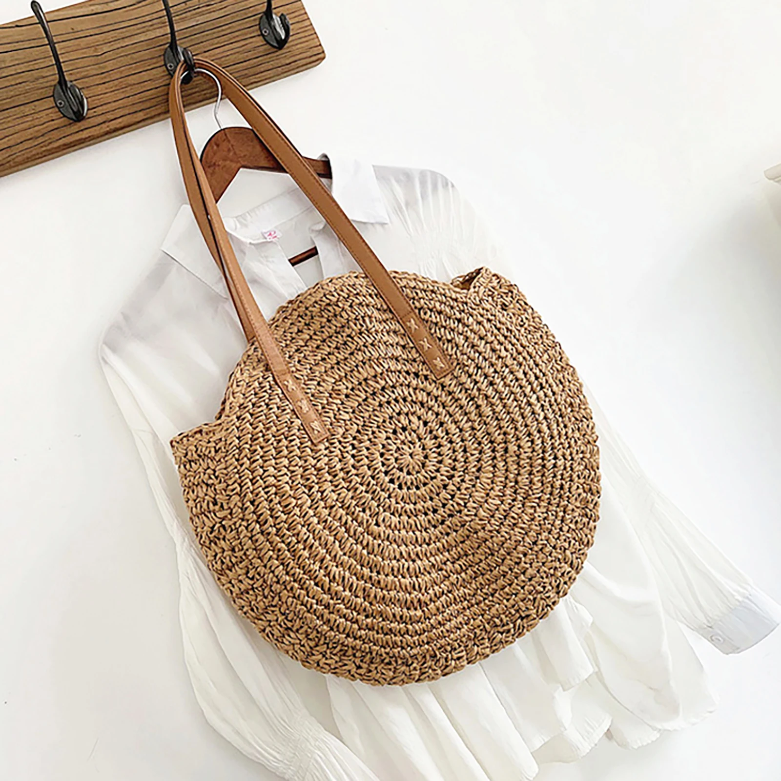 Summer Ladies Woven Tote Round Shopping Tote Bag Simple Large Capacity Handmade Fashion Casual Portable for Seaside Holiday