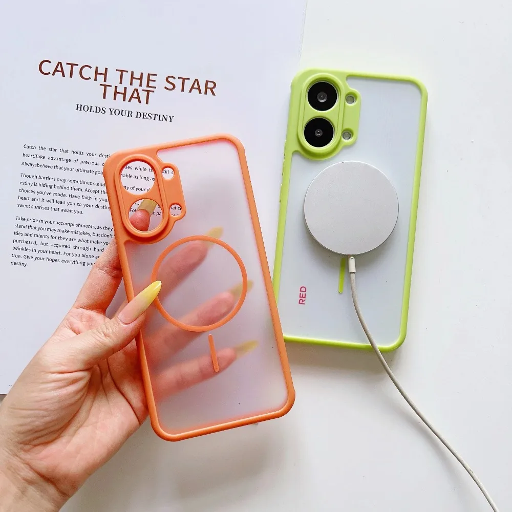 Candy Color Magnetic Phone Case with Anti-Shock Soft Edges and Matte Transparent Acrylic Back