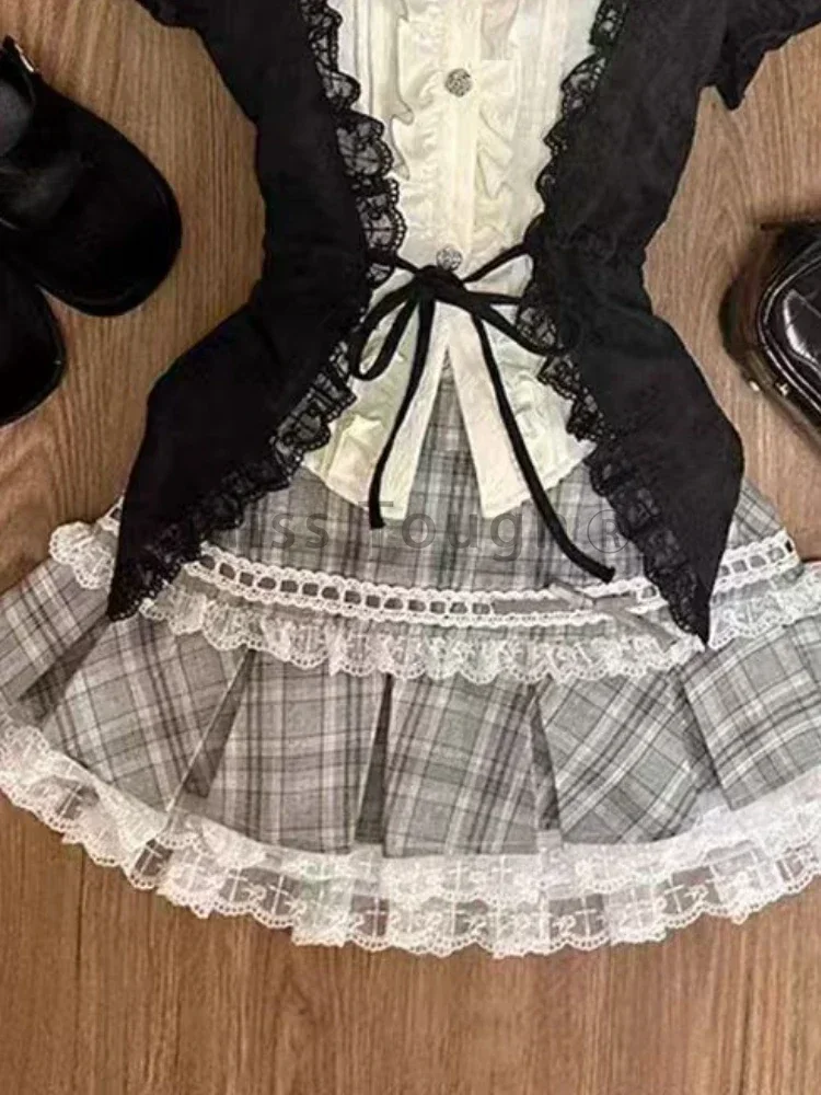 Japanese Kawaii Lolita Elegant 2 Piece Set Women Y2k Patchwork Vintage Kawaii Mini Skirt Suits Female Lace-up Chic Clothing 2024 3