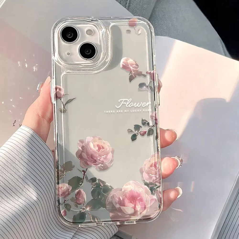 Elegant Rose Flower Pattern Clear Phone Case with Protective Bumper Cover