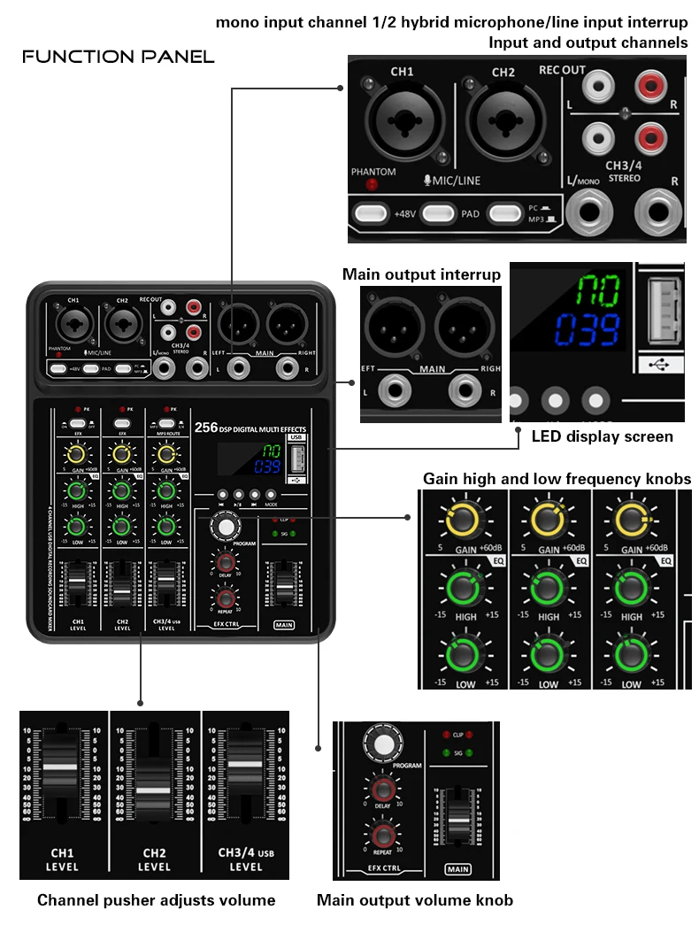 Audio Interface Mixer with Bluetooth USB Recording Computer 48V Phantom Power De