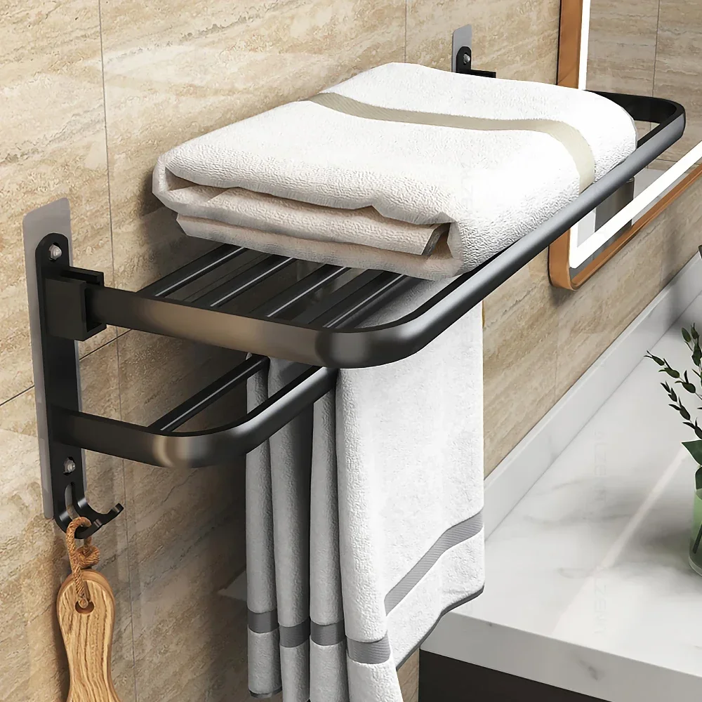 Matte Black No Drilling Towel Rack Movable Holder With Hook Wall Mount Shelf Aluminum Shower Hanger Rail Bathroom Accessories towel rack