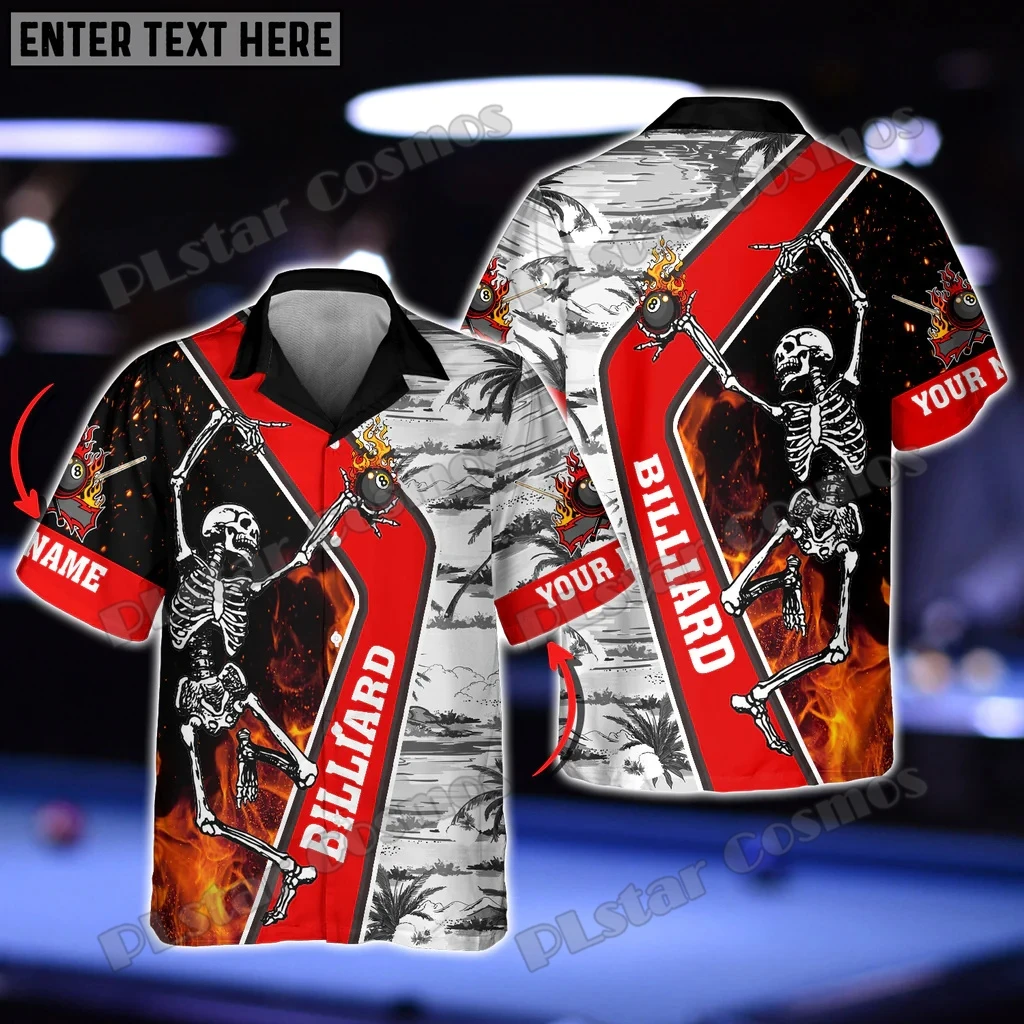 Skull Fire Billard Personalisierter Name 3D-gedrucktes Herren-Hawaiihemd Sommer Unisex Casual Beach Kurzarm-Knopfhemd SH05 – Detail 15
