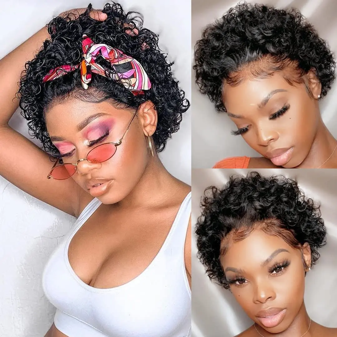 Short Curly Human Hair Wigs Pixie Cut Bob Glueless Wigs 13x1 Lace Front for Women