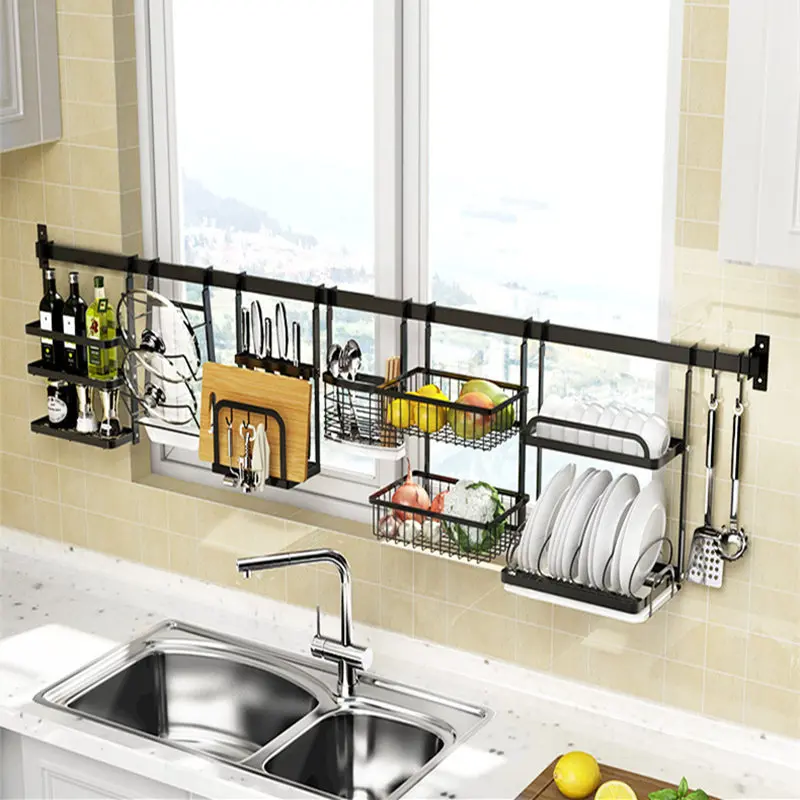 Stainless Steel Dish Rack Kitchen Window Sill Window Black Storage Rack Wall Hanging Punch-free Dish Storage Hanger Pendant