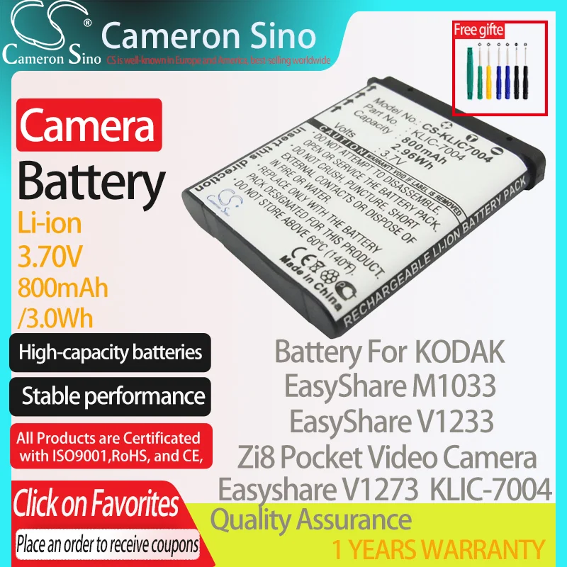 Batteria Cameronsino Per Kodak Easyshare M1033 Easyshare V1233 Videocamera Tascabile Zi8 Adatta Per Fotocamera Kodak Klic-7004 Batteria 800Mah