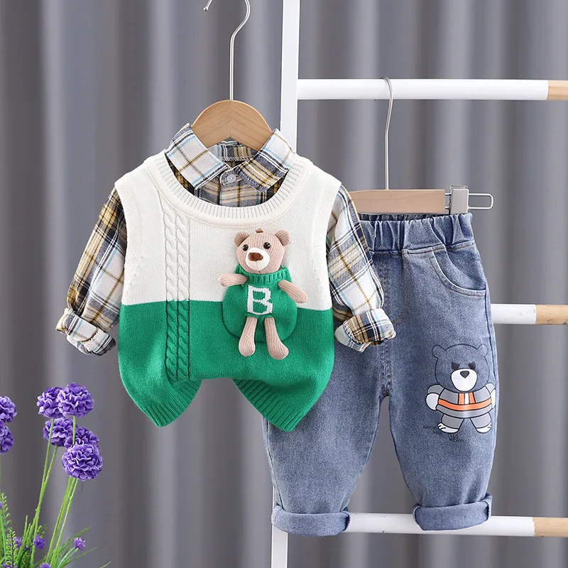 

Kids Designer Baby Boy Clothes 12 to 18 Months Korean Spring Cartoon Knitted Sweater Vest + Plaid Shirts + Jeans Boys Outfits