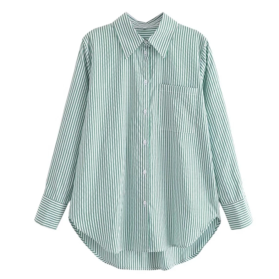 

Dave&Di Country Wind Cotton Loose Shirt adies Green Striped Top Fashion LBlouse Women