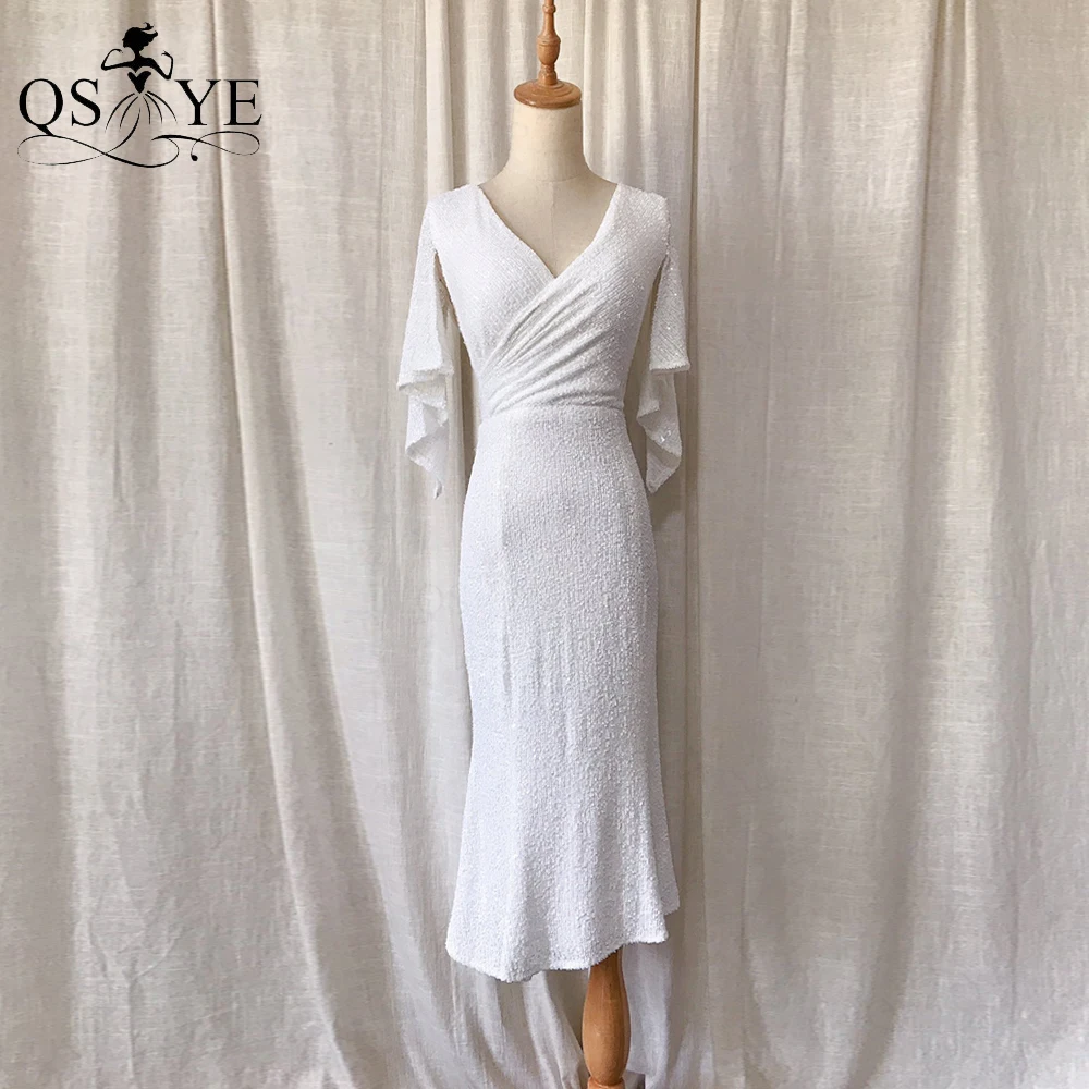 White Short Prom Dresses Bat Sleeves Evening Gown Pleat V Neck Sequin Party Formal Gown Fit