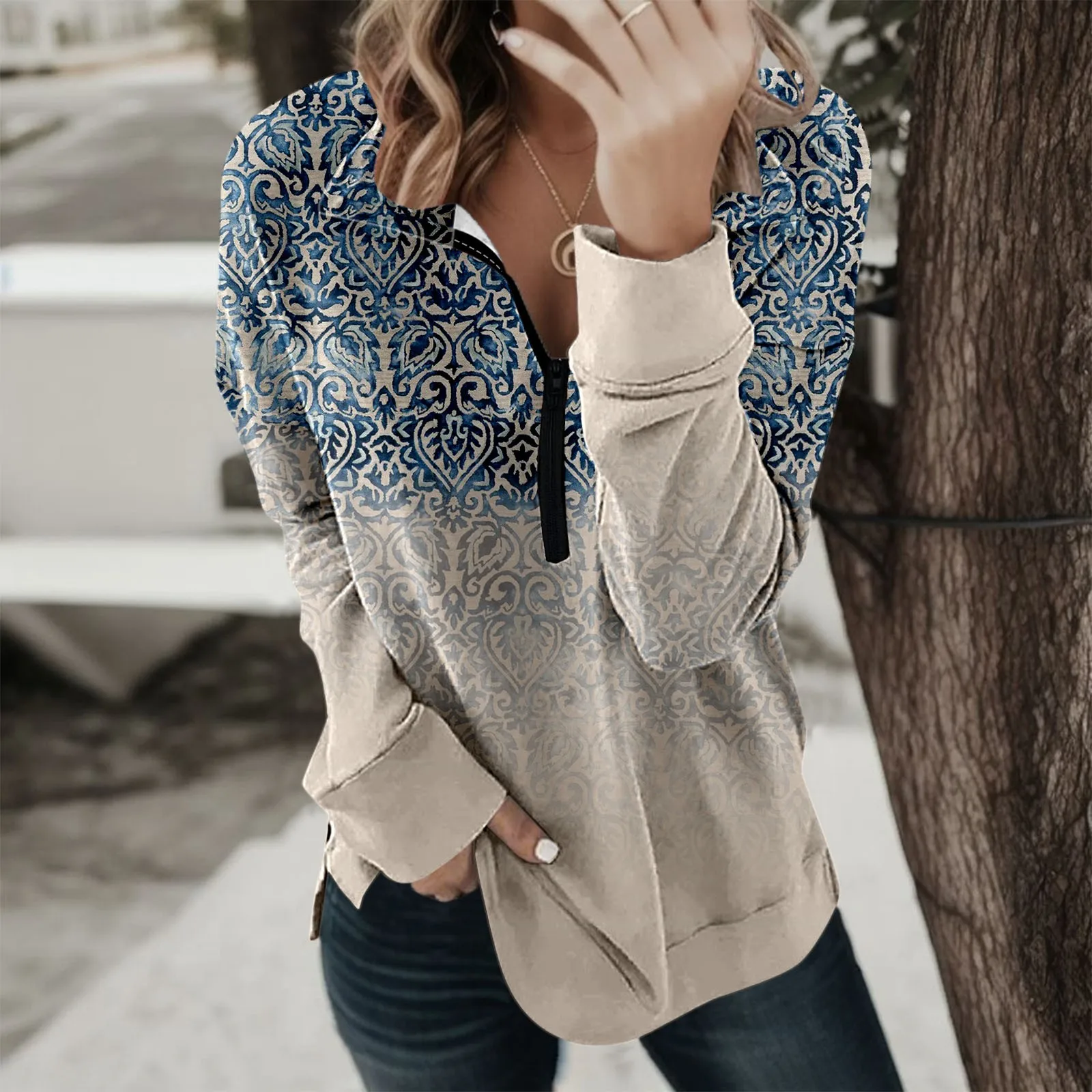 

Женский пуловер на молнии, удобный осенний свитшот свободного кроя с цветочным принтом, Y2K, одежда в стиле Харадзюку с длинным рукавом, пуловер, топы