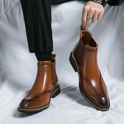 New Brown Chelsea Boots for Men Ankle Business Square Toe Slip-On Mens Boots Size 38-45